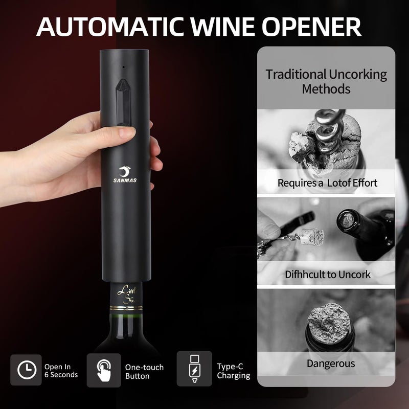 SUNMAS Rechargeable Electric Wine Opener Set, 5-in-1 Automatic Corkscrew with Foil Cutter & Wine Aerator Pourer, 2 Vacuum Stoppers, Type-C Cable & Stand | Complete Wine Accessories Kit Gift Box - Image 4